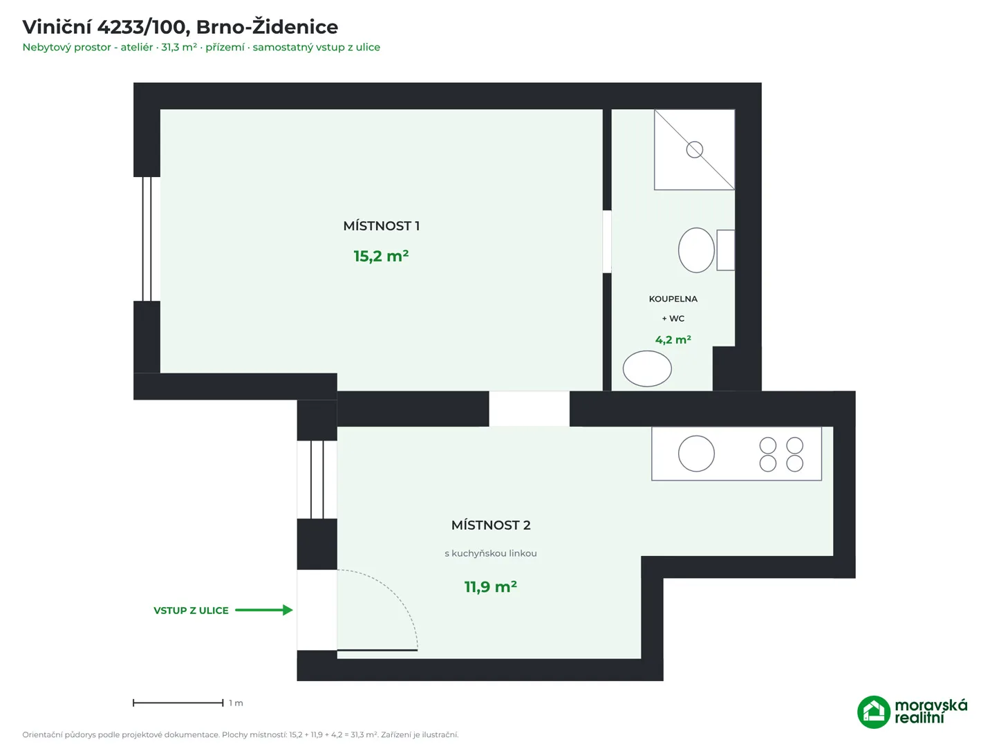 Prodej nebytového prostoru 31 m² se vstupem z ulice, po rekonstrukci - Brno-Židenice, Viniční